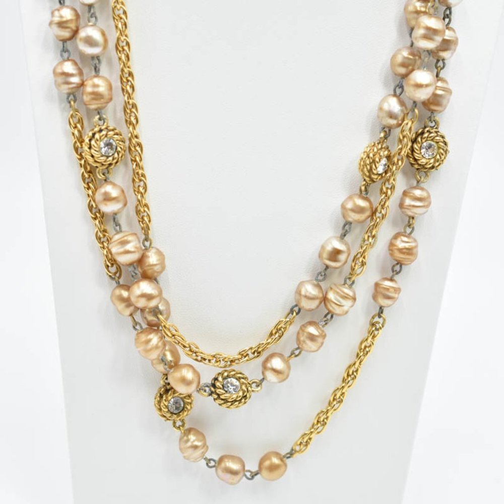 CHANEL CC Pearl & Diamond Extra Long Vintage Necklace 1980s w/Box - Picture 9 of 15